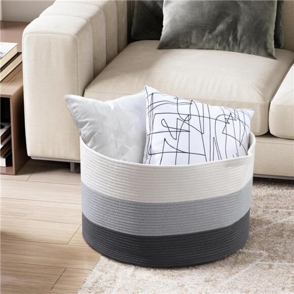 Large Cotton Rope Basket,22"x22"x14"Throw Blanket Storage for Living Room Woven - Picture 4 of 7